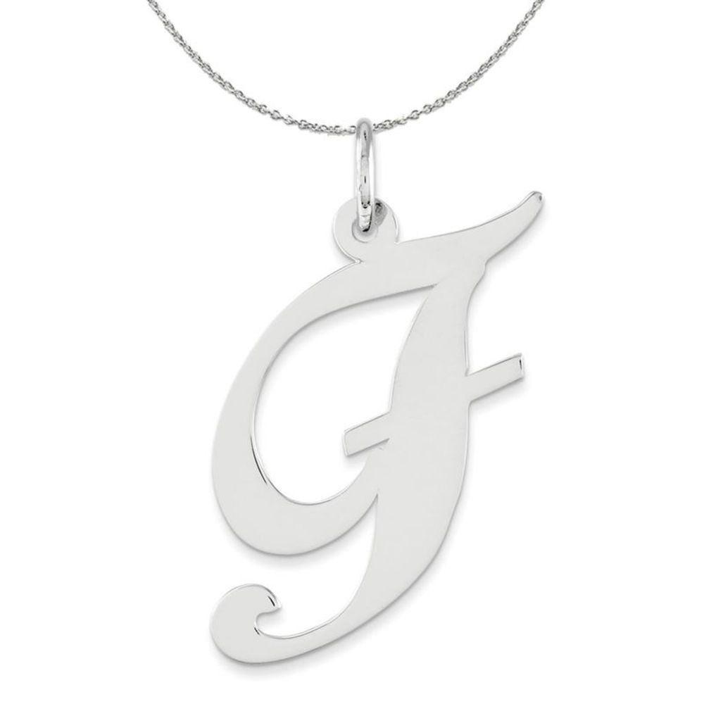 Silver, Ella Collection, LG Fancy Script Initial F Necklace - 18 In